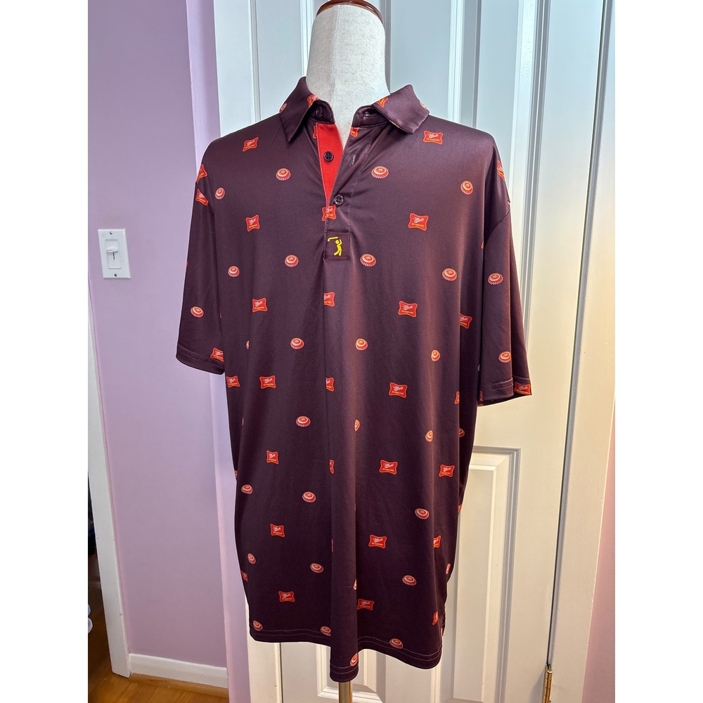 Bogey Bros Golf Co Mens Large Maroon Beer Bottle Cap  Performance Polo shirt